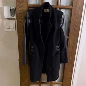 Faux Leather Sleeve Long Black Coat